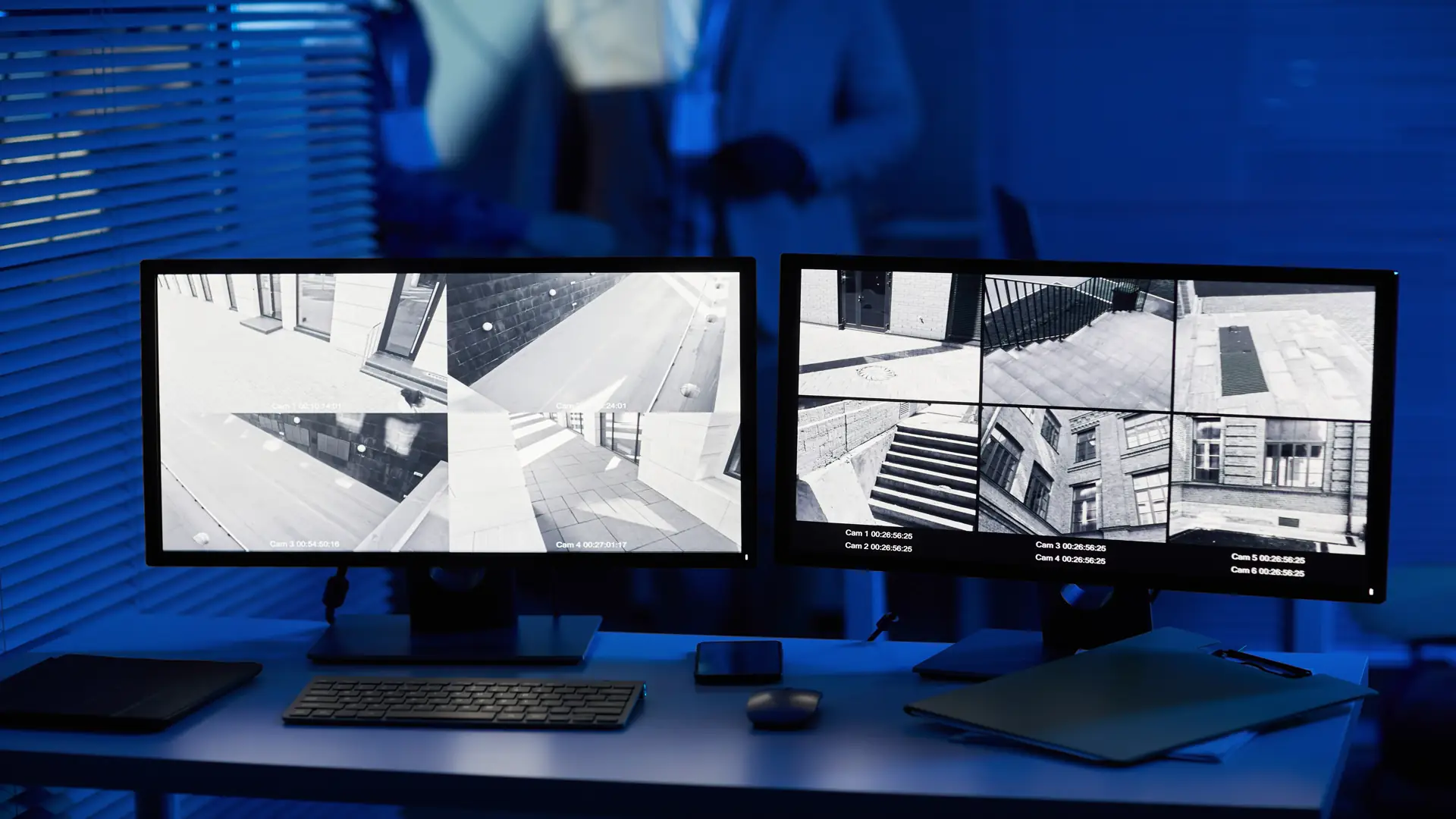 Computer screens with surveillance camera footage