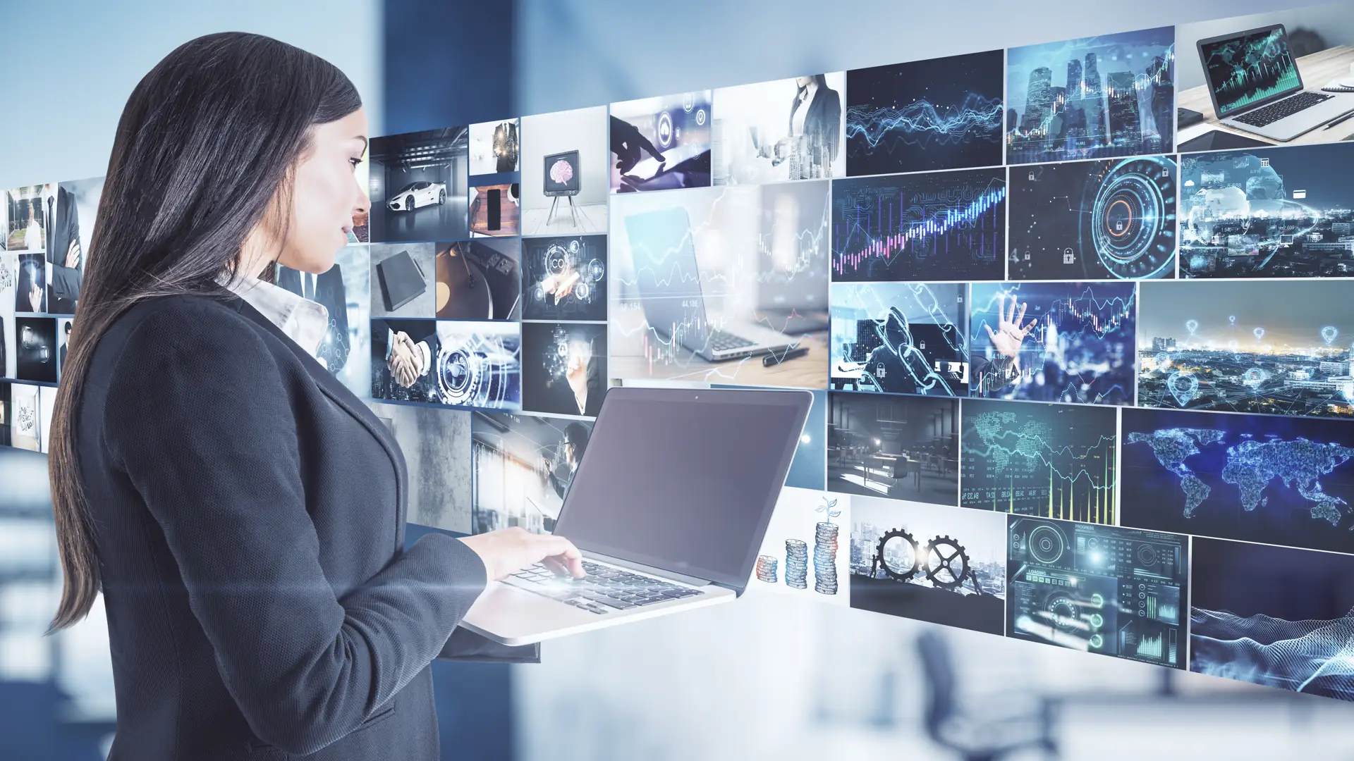 Data flow concept with businesswoman with laptop