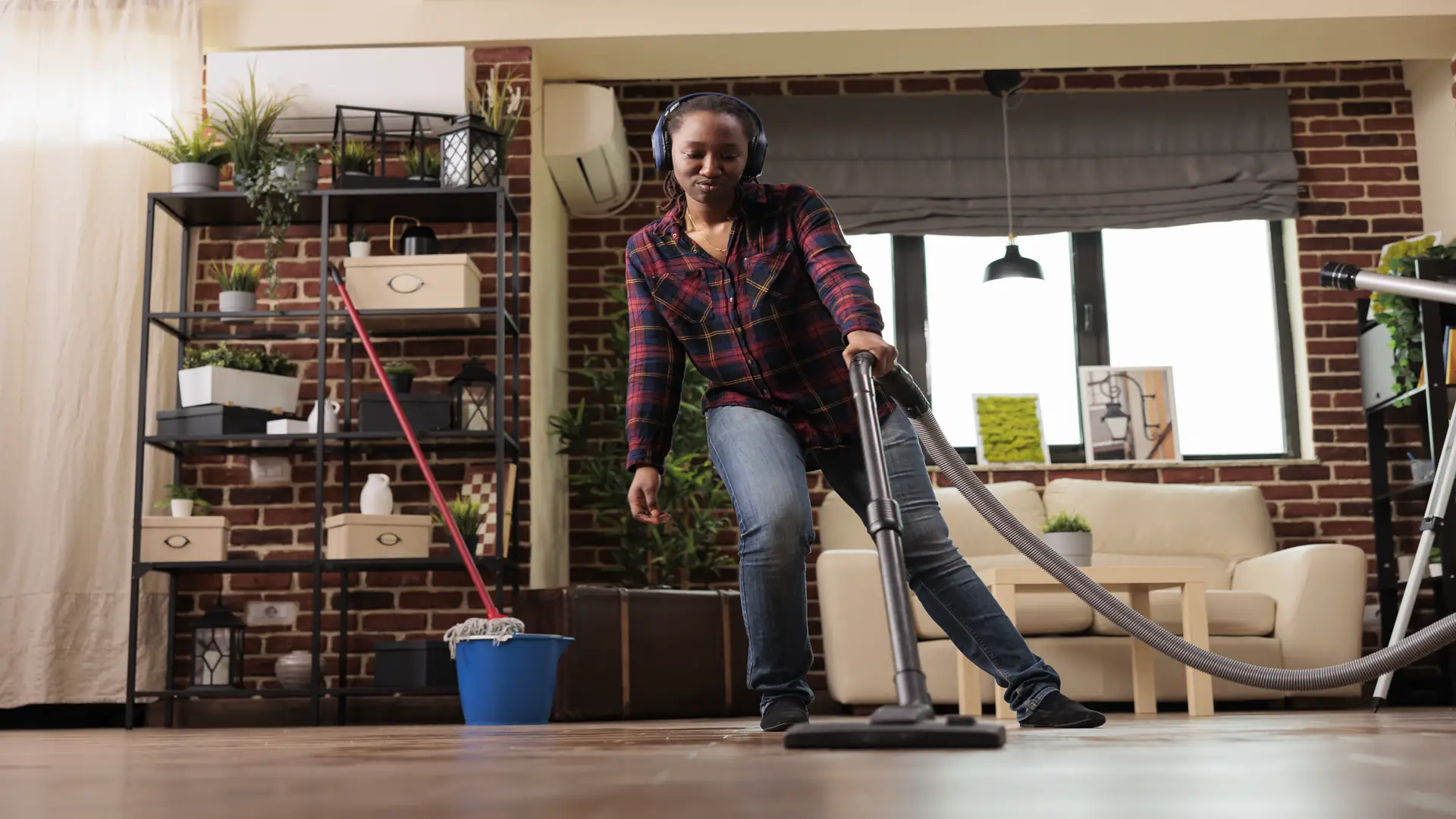 Positive housewife doing spring cleaning at home