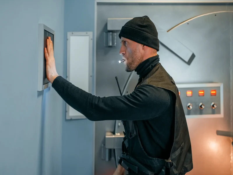 Robber in uniform trying to open vault door