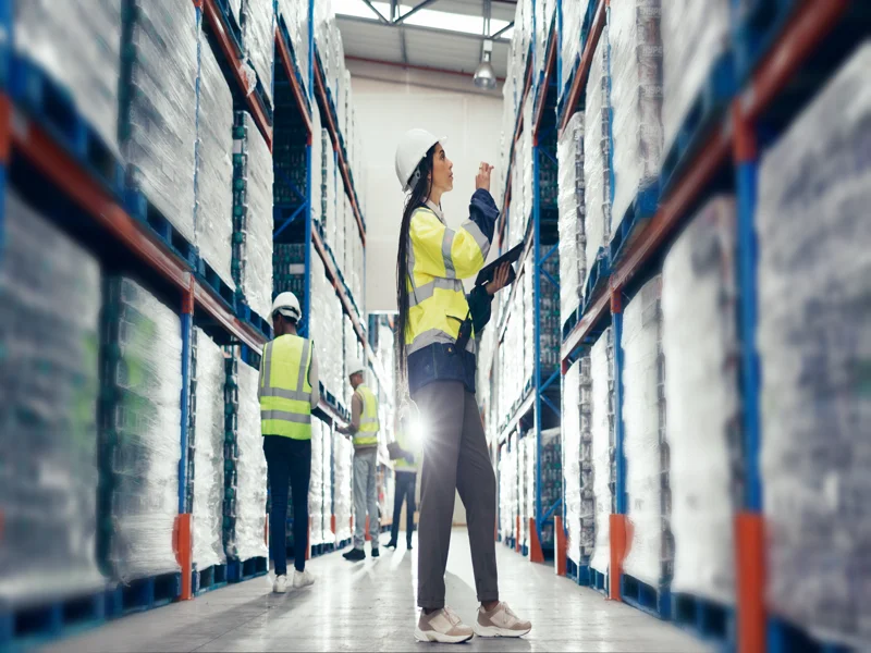 Warehouse supervisor using scanner in distribution center