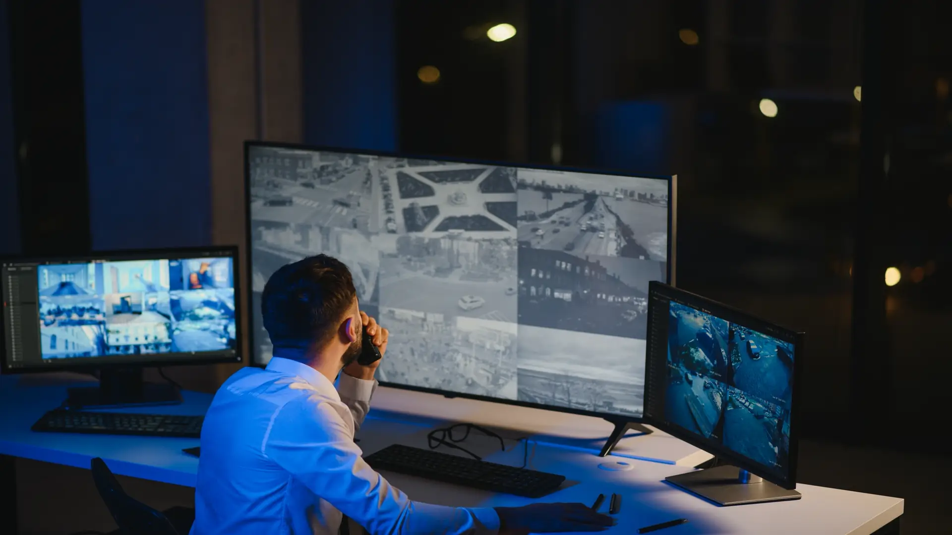 Security monitoring room with CCTV screens and walkie-talkie